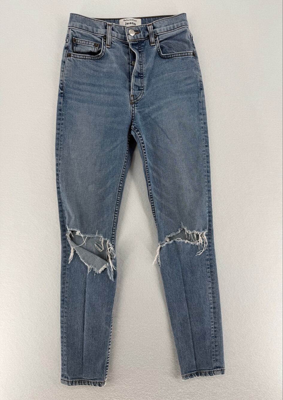 Reformation Serena High Skinny Jeans 25 Melbourne Destroyed Ripped Button Fly